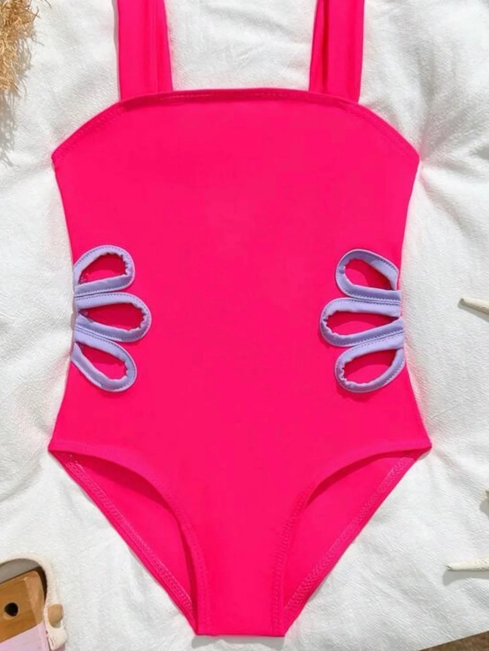 Kids Hot Pink One-Piece Swimsuit with Lilac Trim